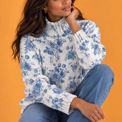 Eloise Blue Floral Print Turtleneck Sweater in Blue & White