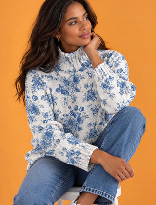 Eloise Blue Floral Print Turtleneck Sweater in Blue & White