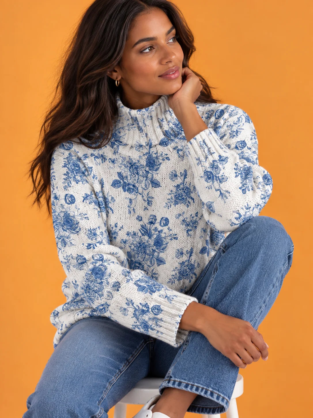 Eloise Blue Floral Print Turtleneck Sweater in Blue & White