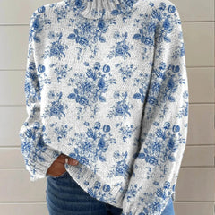 Eloise Blue Floral Print Turtleneck Sweater in Blue & White