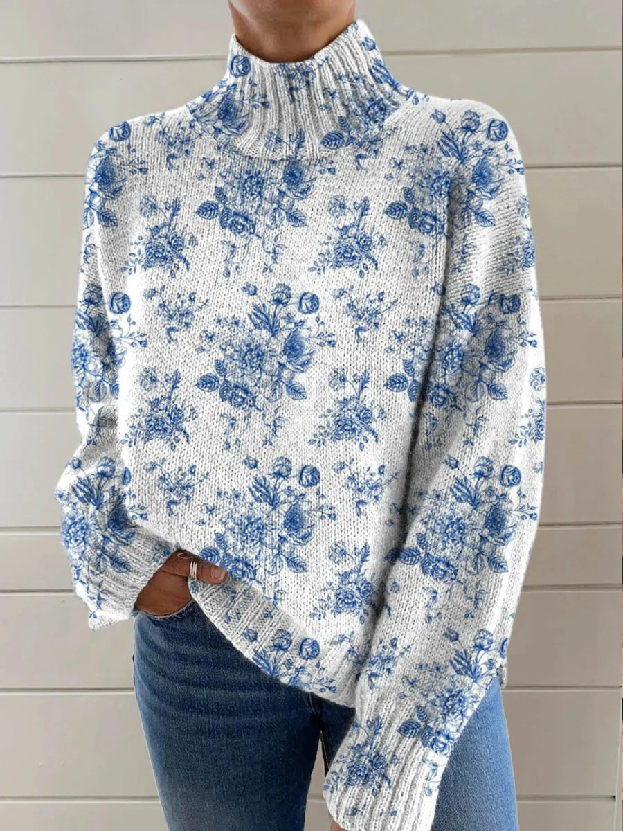 Eloise Blue Floral Print Turtleneck Sweater in Blue & White
