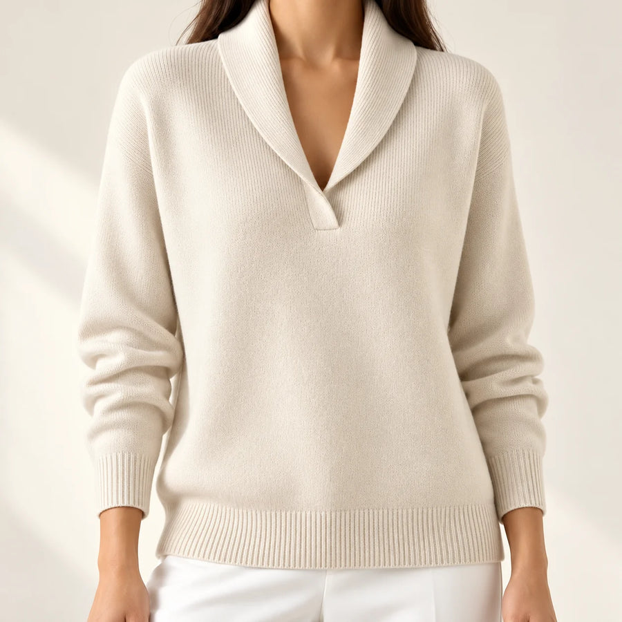 Elsie Shawl Collar V-Neck Sweater in Cream