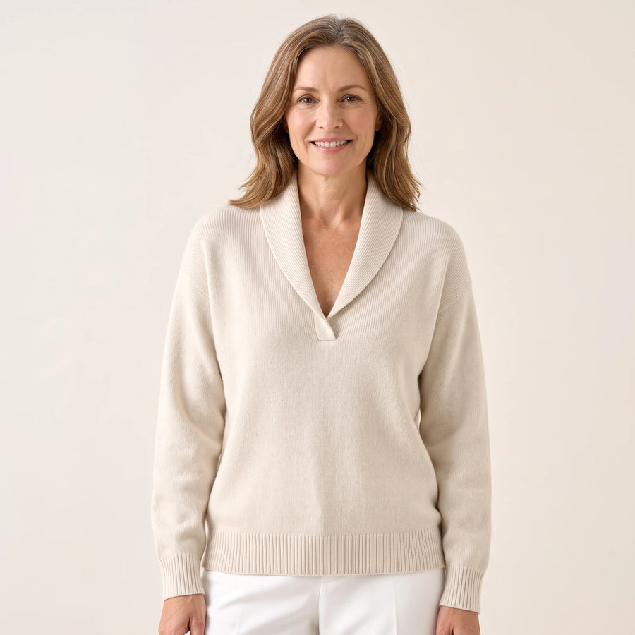 Elsie Shawl Collar V-Neck Sweater in Cream, worn