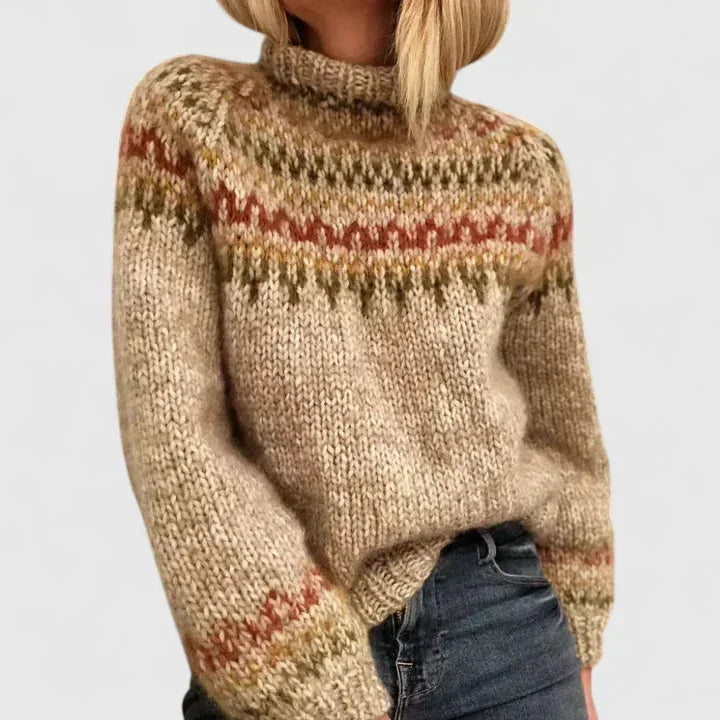 Emily Nordic Yoke Mock Neck Sweater in Camel