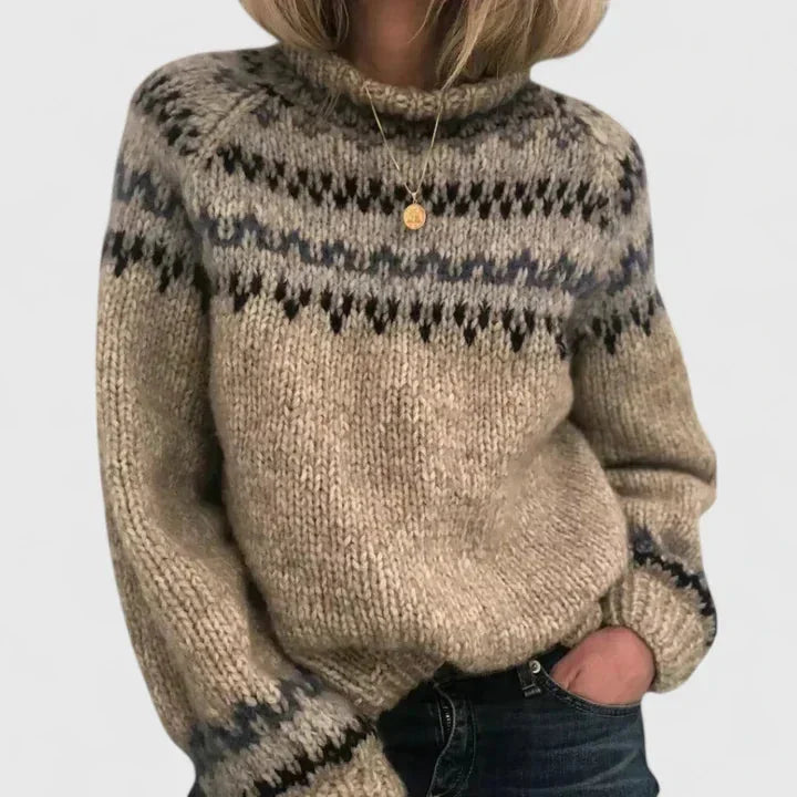 Emily Nordic Yoke Mock Neck Sweater in Grey