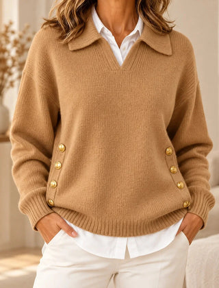 Emma Polo Collar Sweater with Gold Buttons in Camel
