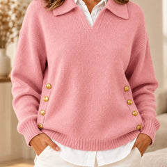 Emma Polo Collar Sweater with Gold Buttons in Pink