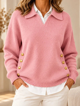 Emma Polo Collar Sweater with Gold Buttons in Pink
