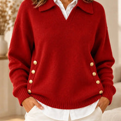 Emma Polo Collar Sweater with Gold Buttons in Red
