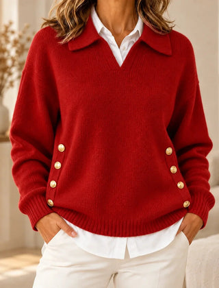 Emma Polo Collar Sweater with Gold Buttons in Red