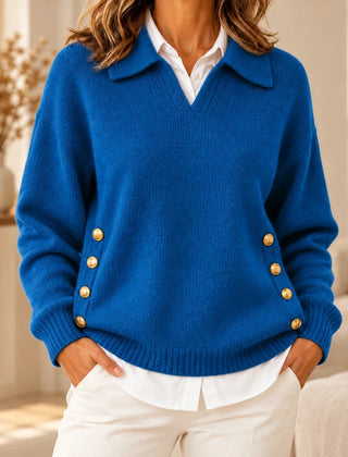 Emma Polo Collar Sweater with Gold Buttons in Blue