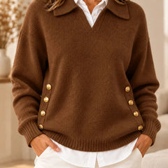 Emma Polo Collar Sweater with Gold Buttons in Brown