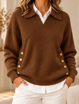 Emma Polo Collar Sweater with Gold Buttons in Brown