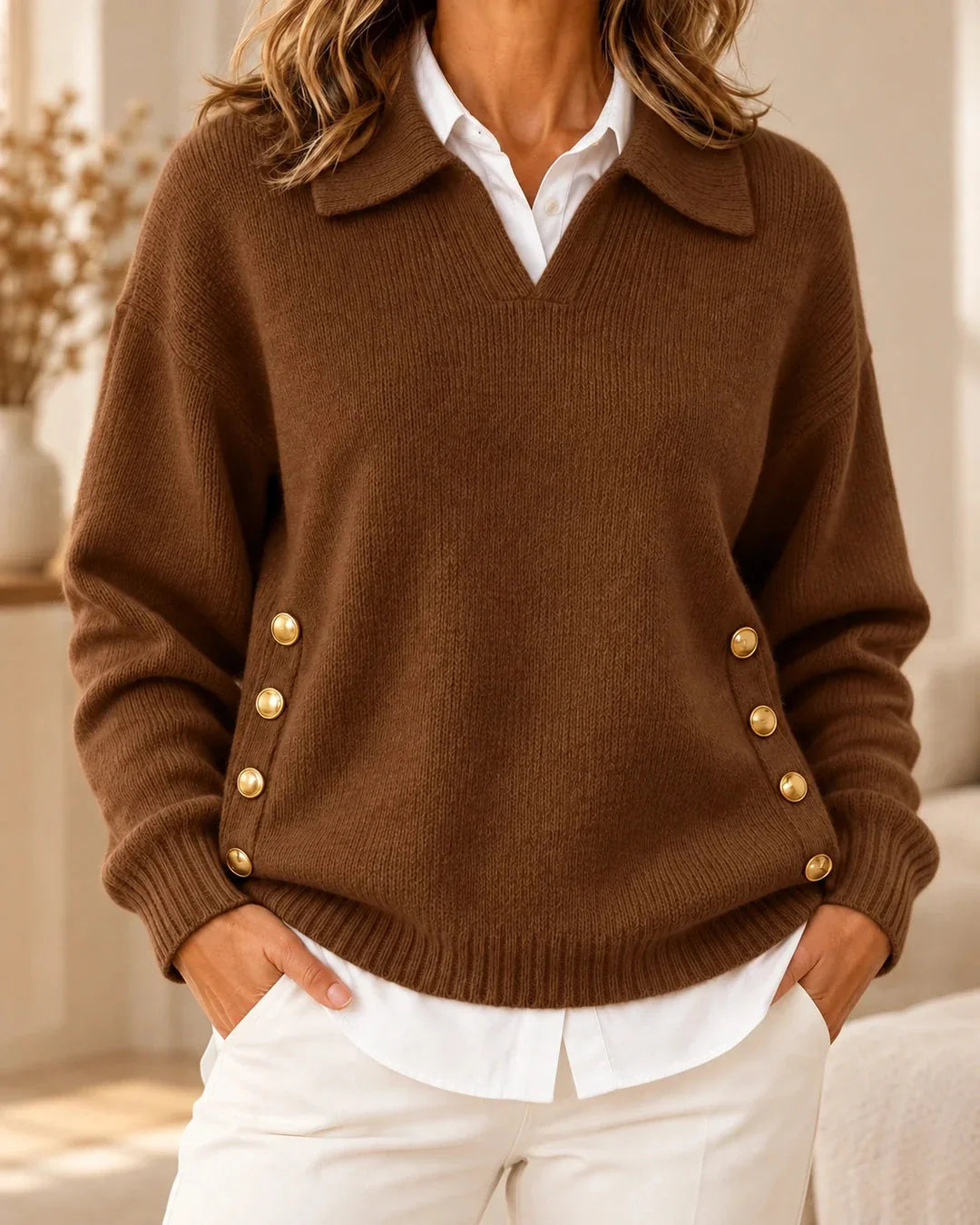 Emma Polo Collar Sweater with Gold Buttons in Brown