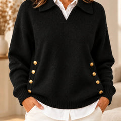 Emma Polo Collar Sweater with Gold Buttons in Black