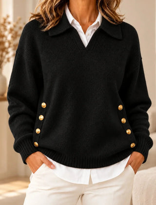 Emma Polo Collar Sweater with Gold Buttons in Black