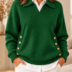 Emma Polo Collar Sweater with Gold Buttons in Green