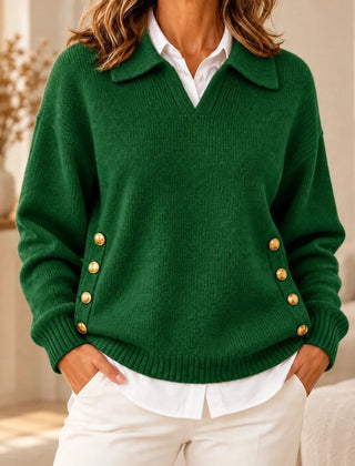 Emma Polo Collar Sweater with Gold Buttons in Green