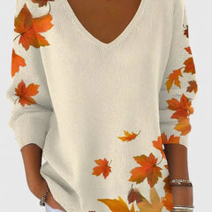 Erin Autumn Leaf Print V-Neck Sweater in Cream