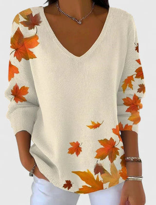 Erin Autumn Leaf Print V-Neck Sweater in Cream