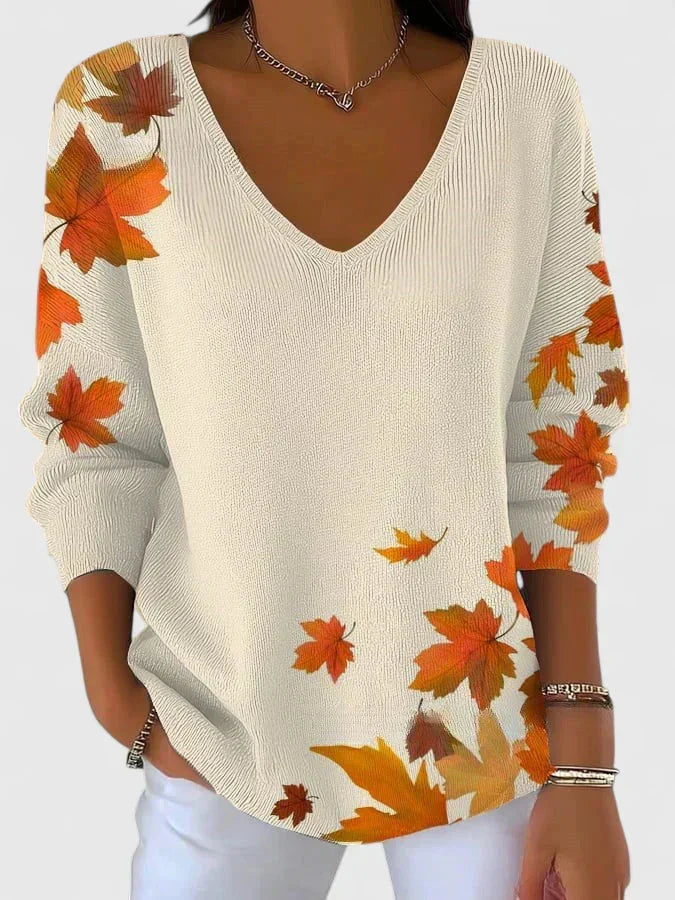 Erin Autumn Leaf Print V-Neck Sweater in Cream
