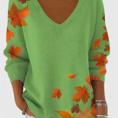 Erin Autumn Leaf Print V-Neck Sweater in Light Green