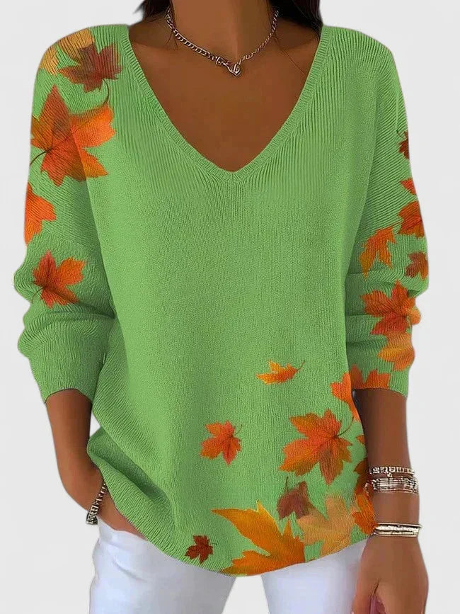 Erin Autumn Leaf Print V-Neck Sweater in Light Green
