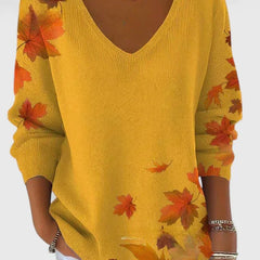Erin Autumn Leaf Print V-Neck Sweater in Mustard Yellow