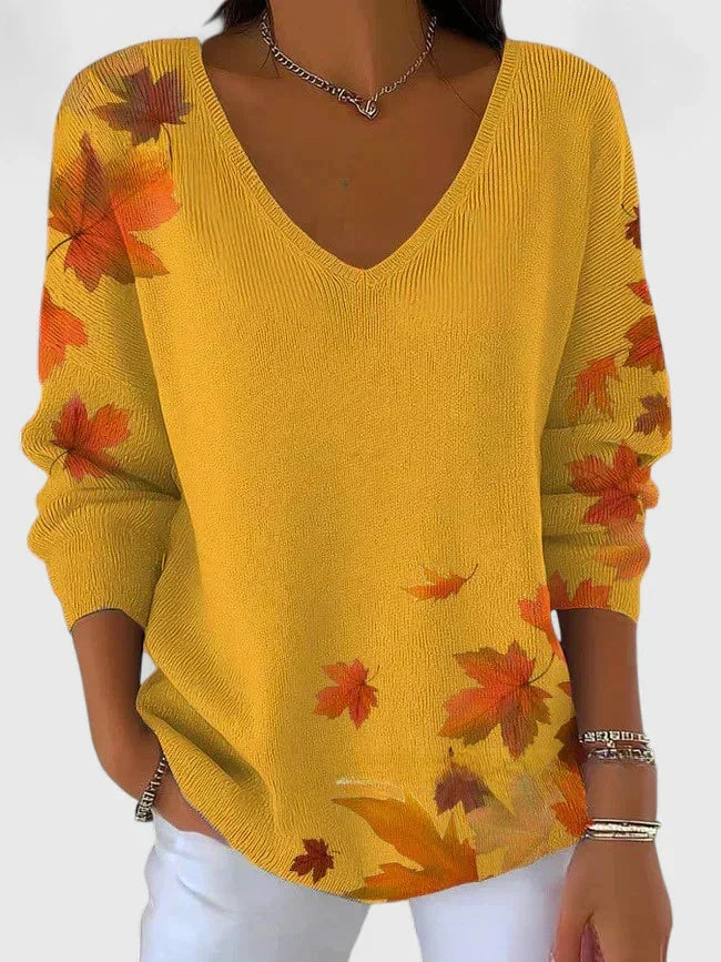 Erin Autumn Leaf Print V-Neck Sweater in Mustard Yellow