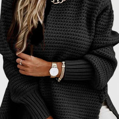Esther Waffle Texture Sweater with Side Slits in Black