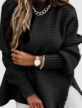 Esther Waffle Texture Sweater with Side Slits in Black