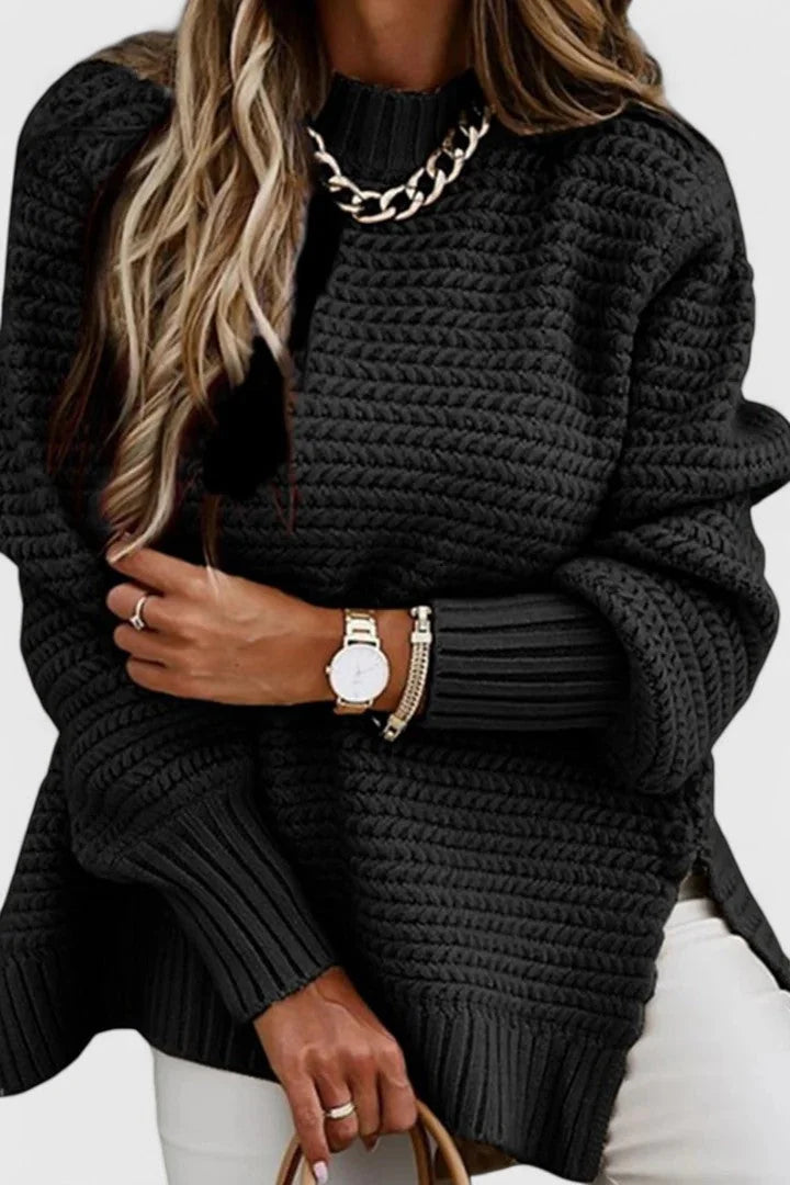 Esther Waffle Texture Sweater with Side Slits in Black