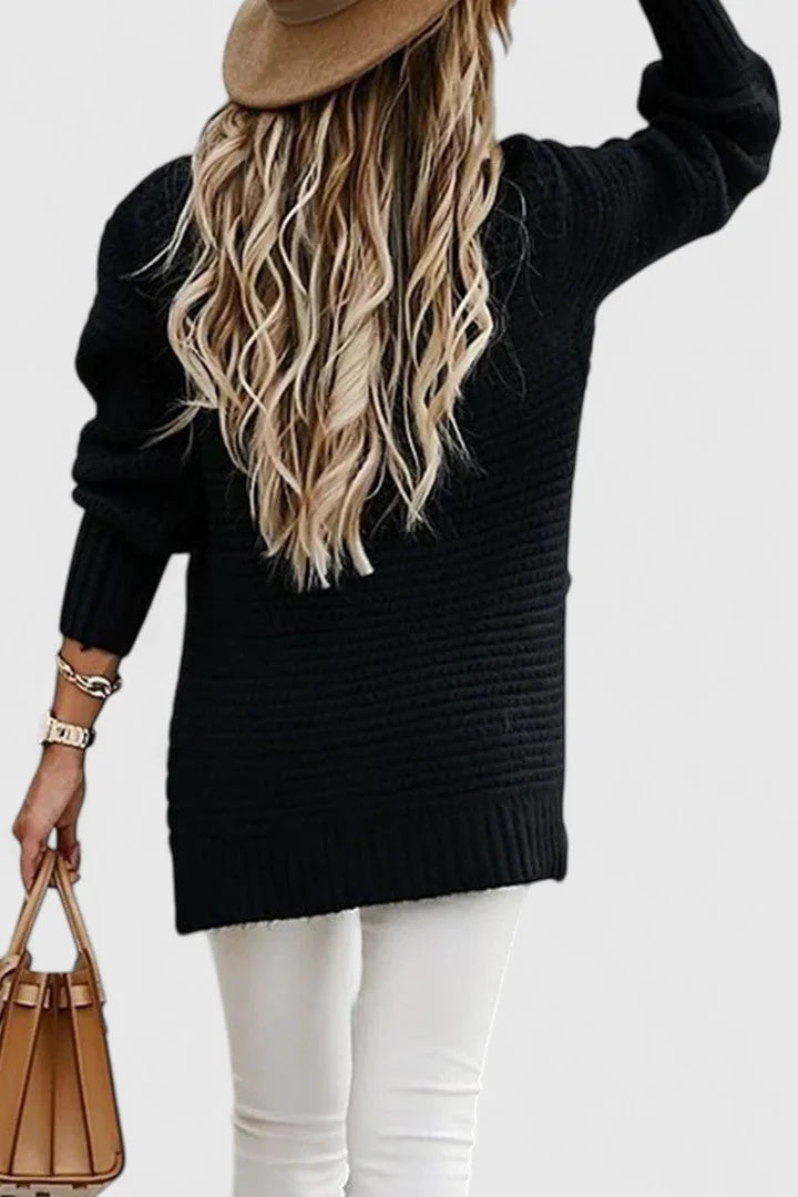 Esther Waffle Texture Sweater with Side Slits in Black