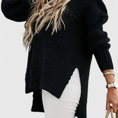 Esther Waffle Texture Sweater with Side Slits in Black