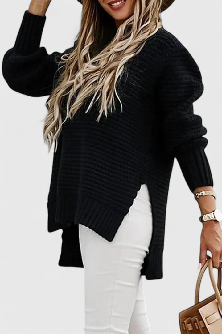 Esther Waffle Texture Sweater with Side Slits in Black