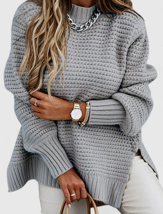 Esther Waffle Texture Sweater with Side Slits in Grey