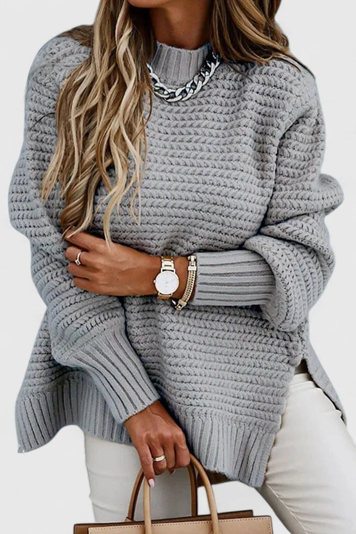 Esther Waffle Texture Sweater with Side Slits in Grey