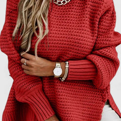 Esther Waffle Texture Sweater with Side Slits in Red