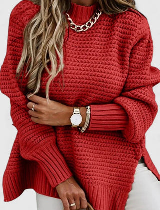 Esther Waffle Texture Sweater with Side Slits in Red
