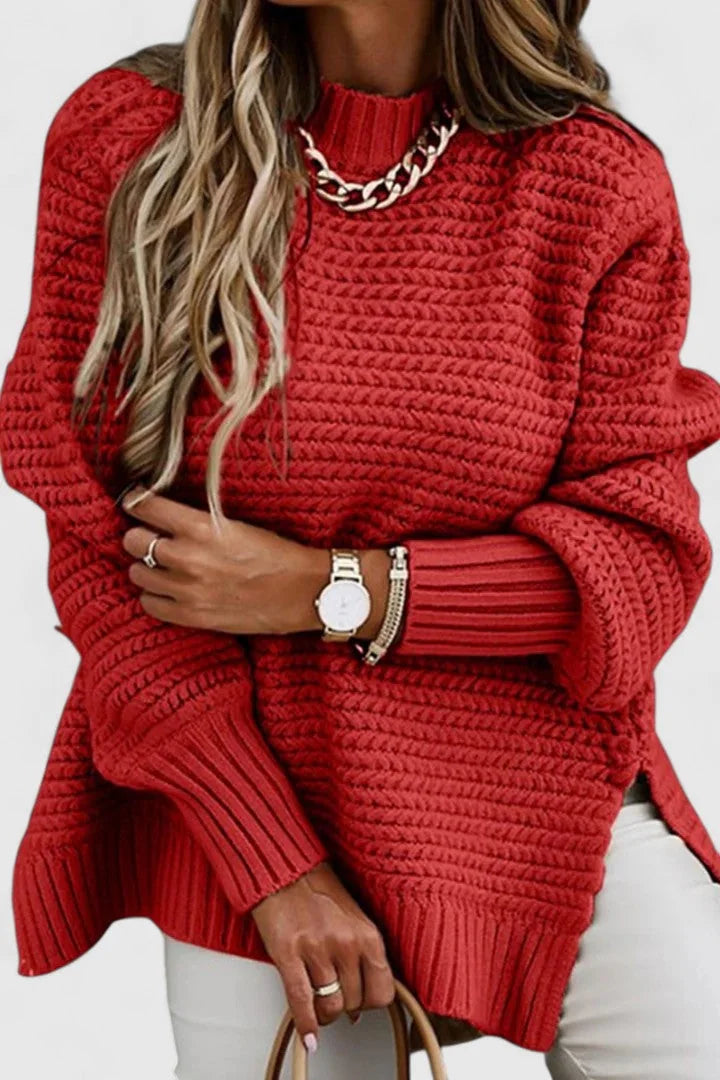 Esther Waffle Texture Sweater with Side Slits in Red