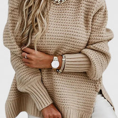Esther Waffle Texture Sweater with Side Slits in Camel