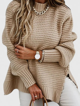 Esther Waffle Texture Sweater with Side Slits in Camel