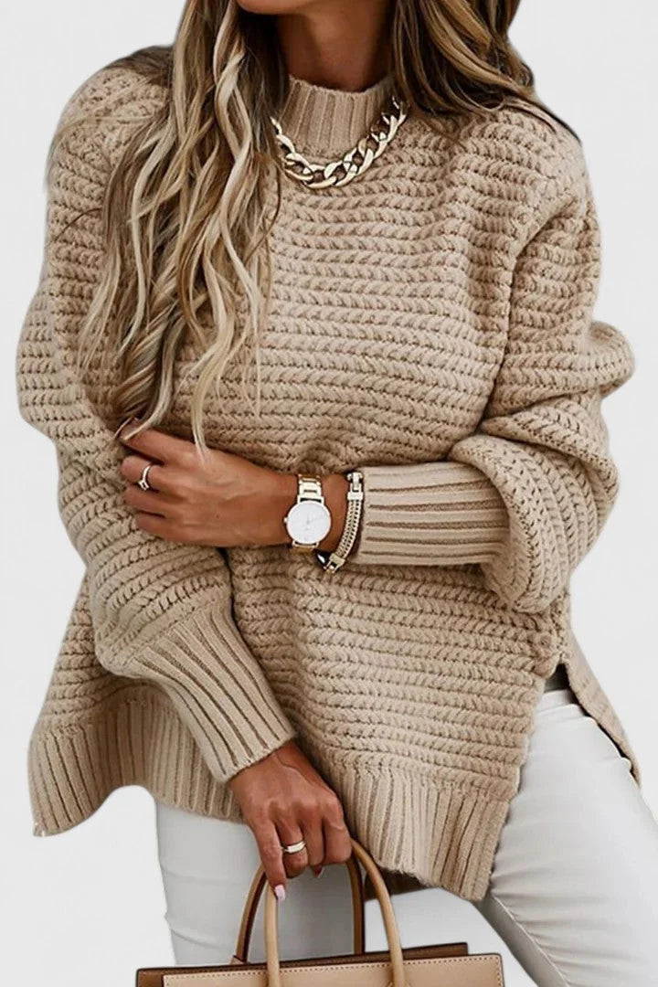 Esther Waffle Texture Sweater with Side Slits in Camel