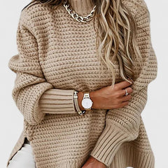 Esther Waffle Texture Sweater with Side Slits in Camel
