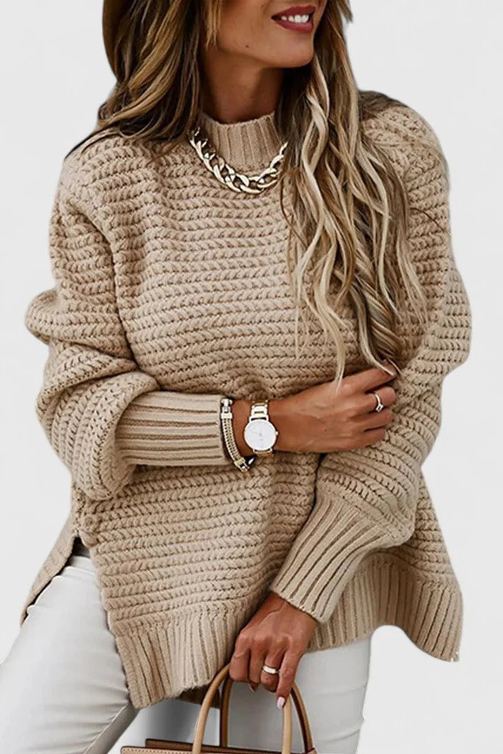 Esther Waffle Texture Sweater with Side Slits in Camel