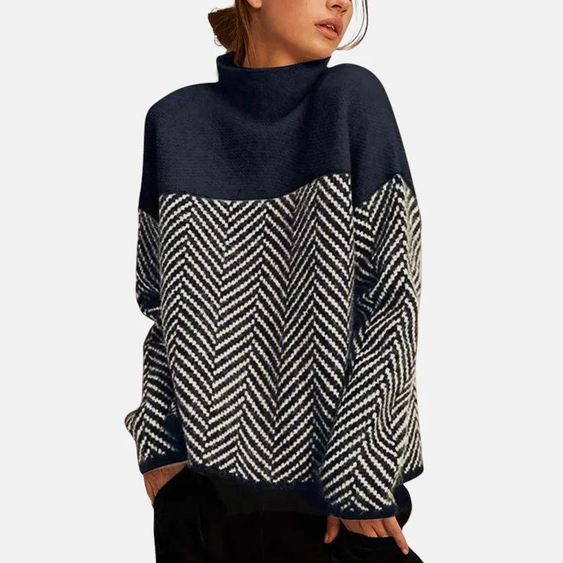 Eva Two-Tone Herringbone Mock Neck Sweater in Navy