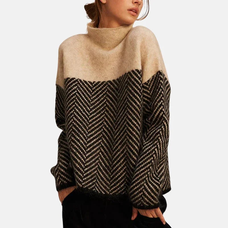 Eva Two-Tone Herringbone Mock Neck Sweater in Beige