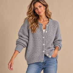 Faith Crewneck Shell Button Cardigan in Grey