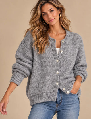 Faith Crewneck Shell Button Cardigan in Grey