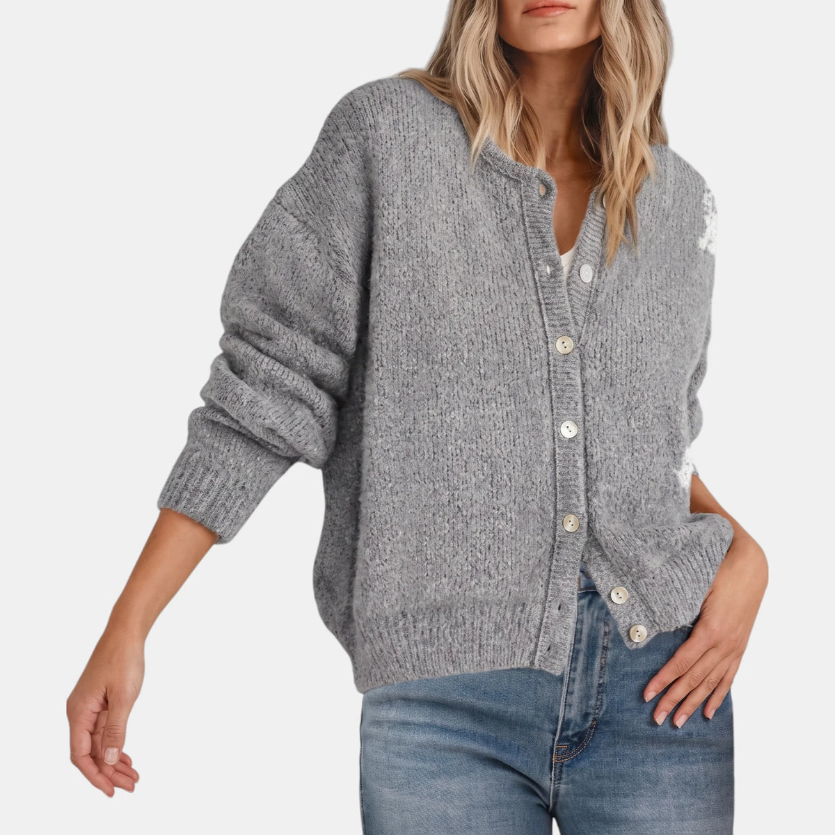 Faith Crewneck Shell Button Cardigan in Grey